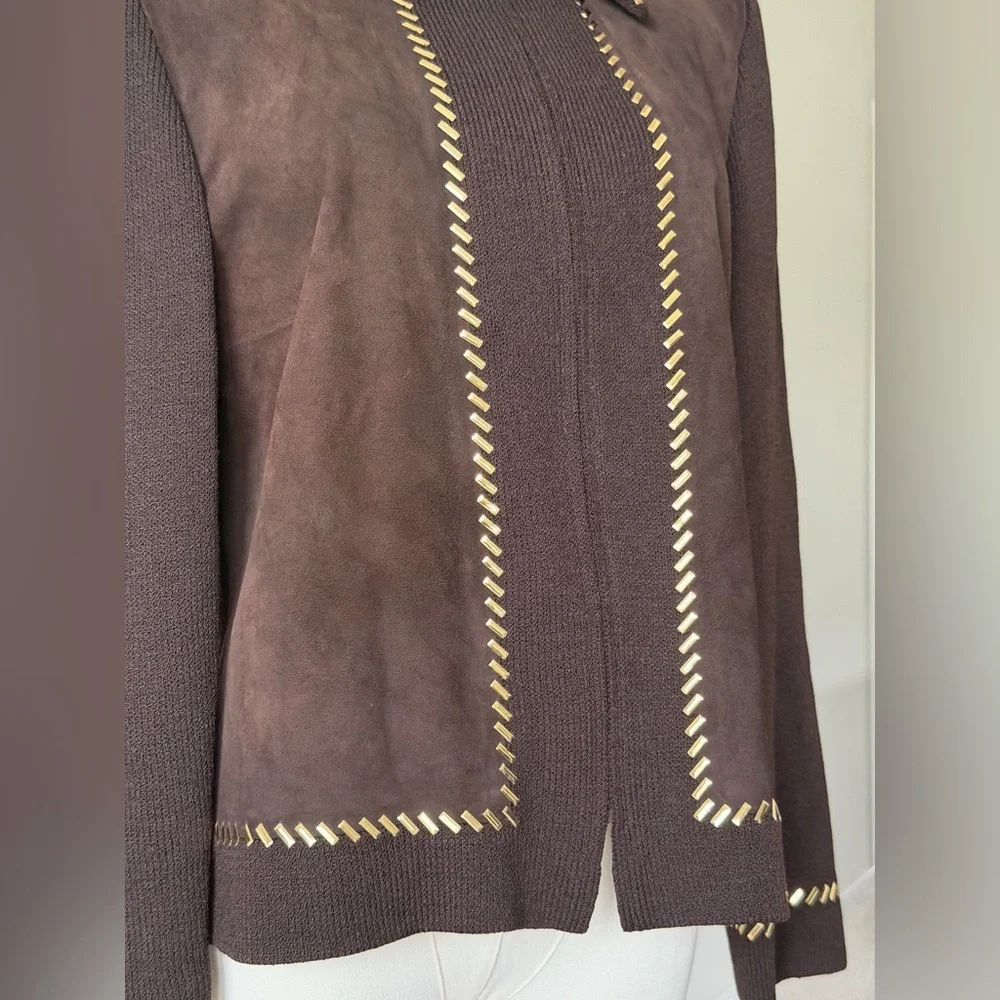✨St. John Collection Brown Suede Knit Jacket Gold Chain Trim Zipper Blazer - 10